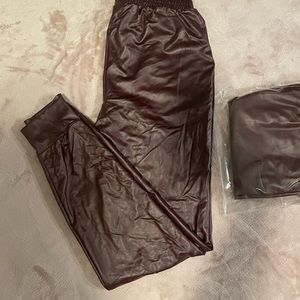 Soft burgundy soft leather comfortable pants with pockets and drawstring